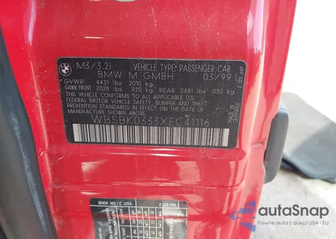 1999 BMW M3 z USA, uszkodzony, nr VIN WBSBK0333XEC41116